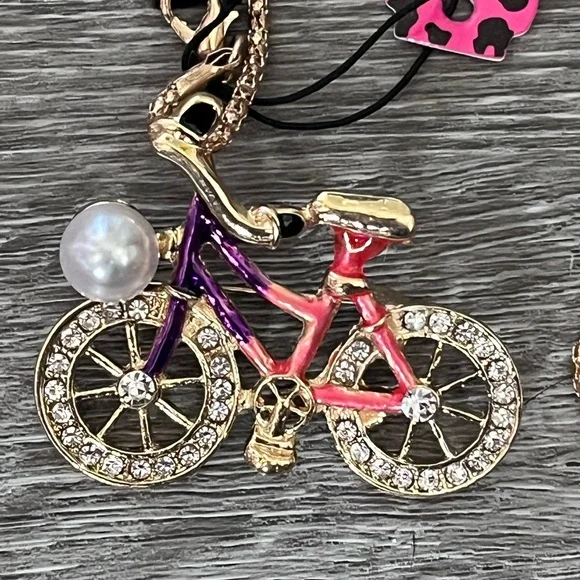 NWT Betsey Johnson Gold tone Pink Purple rhinestone Bicycle Necklace - Picture 2 of 6